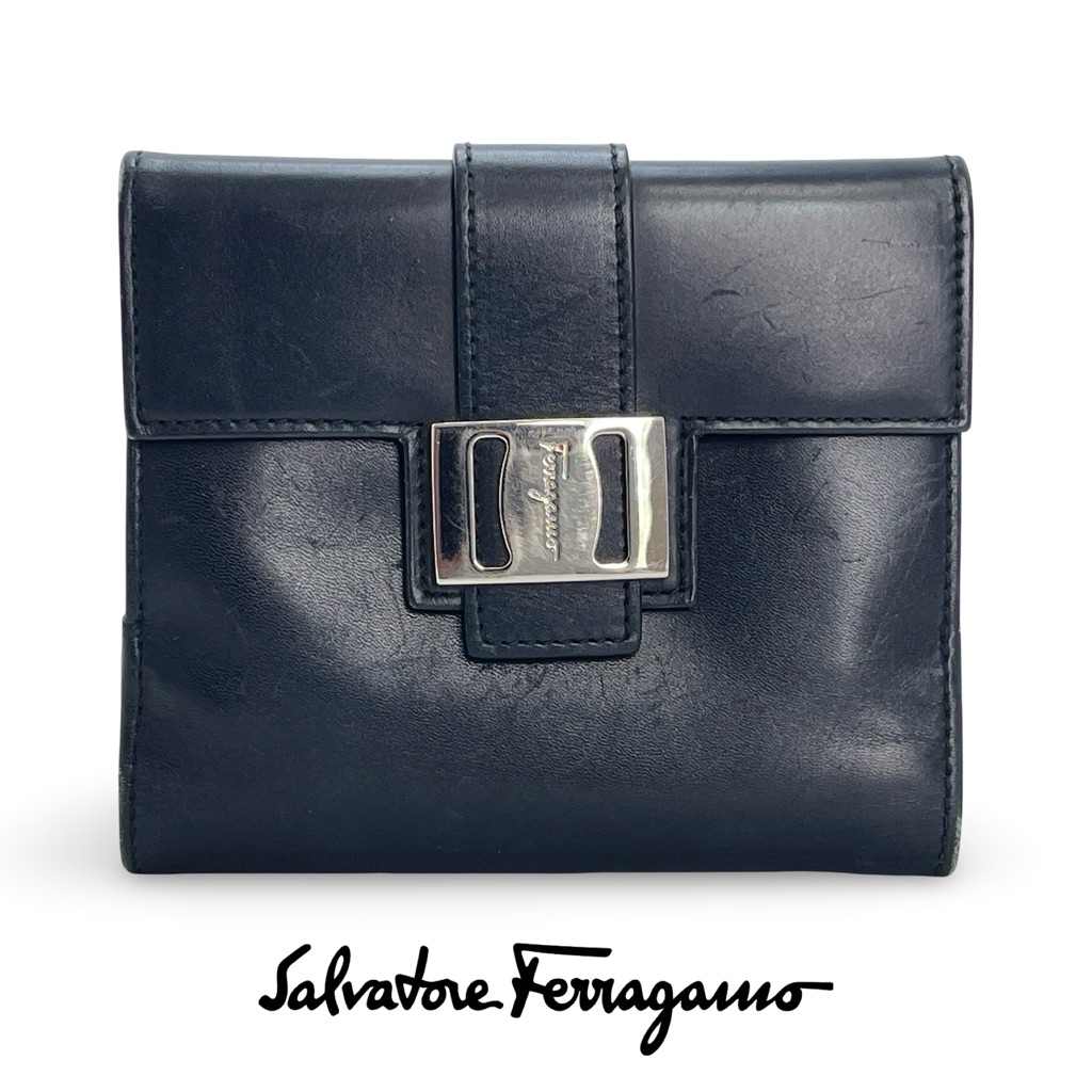 Salvatore Ferragamo Black Leather Multifold W Silver Vara Buckle